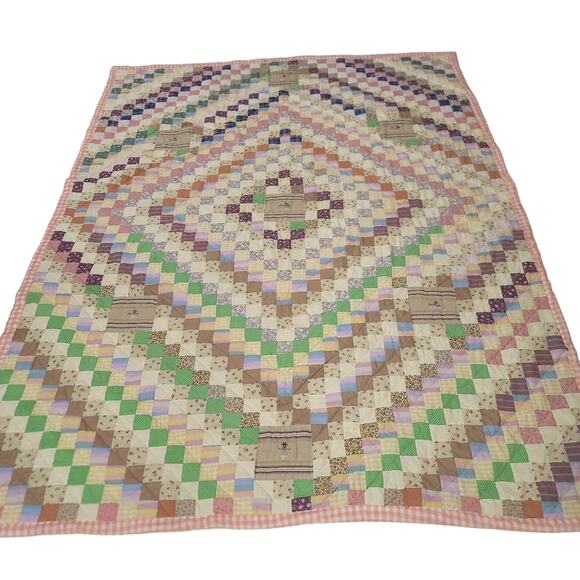 Handmade Postage Stamp Quilt Brown Green Tiny Square Queen/Full Gingham Back - Picture 1 of 4